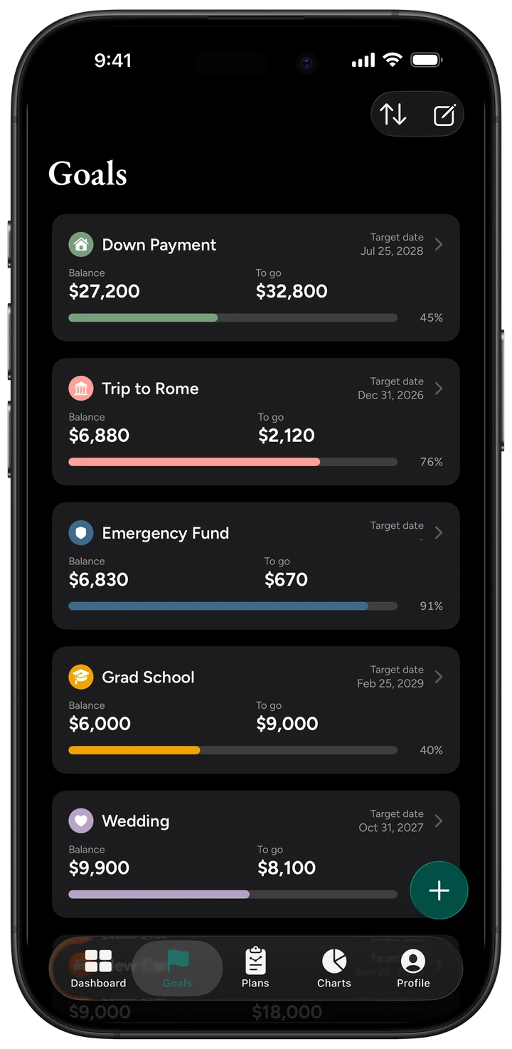 Winnie app Goals list showing shared savings goals with partner