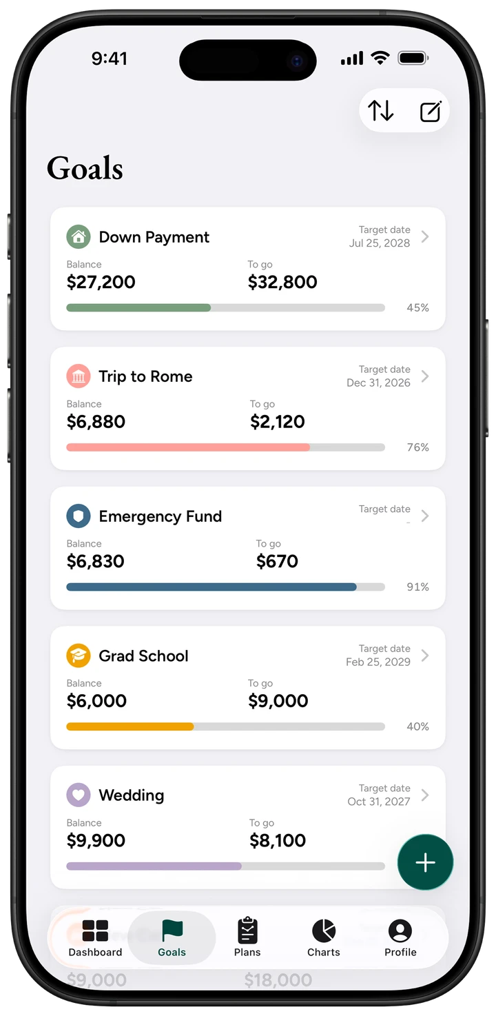 Winnie app Goals list showing shared savings goals with partner