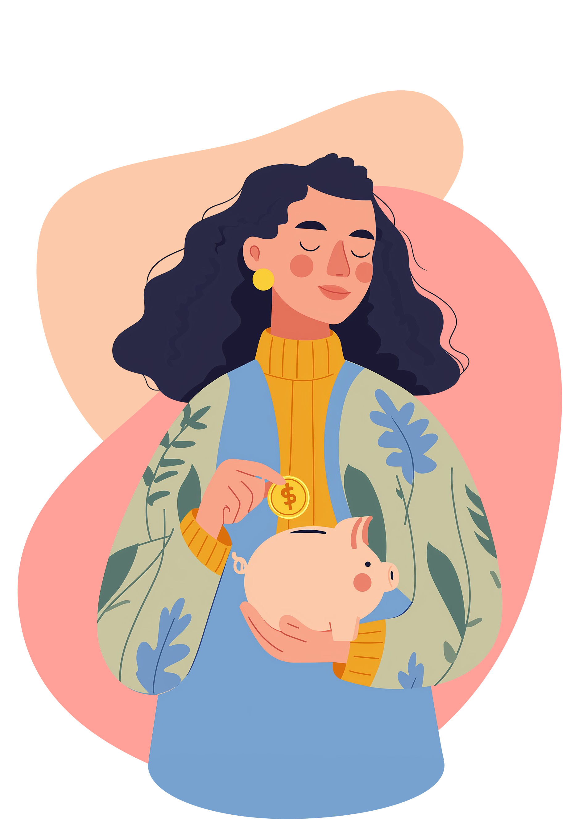 Illustration of a woman putting a coin into a piggy bank